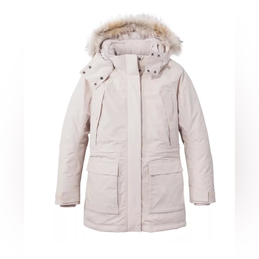 LL Bean Baxter Goose Down Puffer Parka Jacket Small cream white Fur Hood Zip